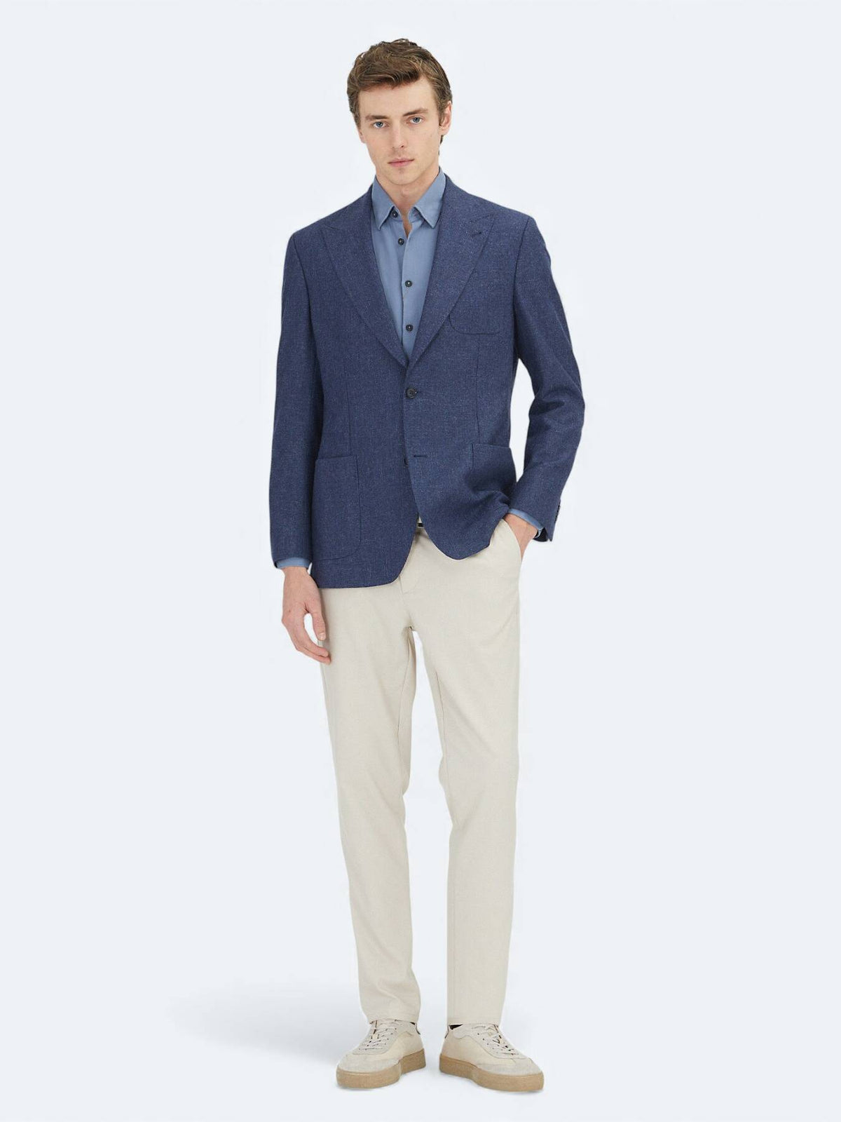 Marineblaue gemusterte Wohlfühl-Wolljacke