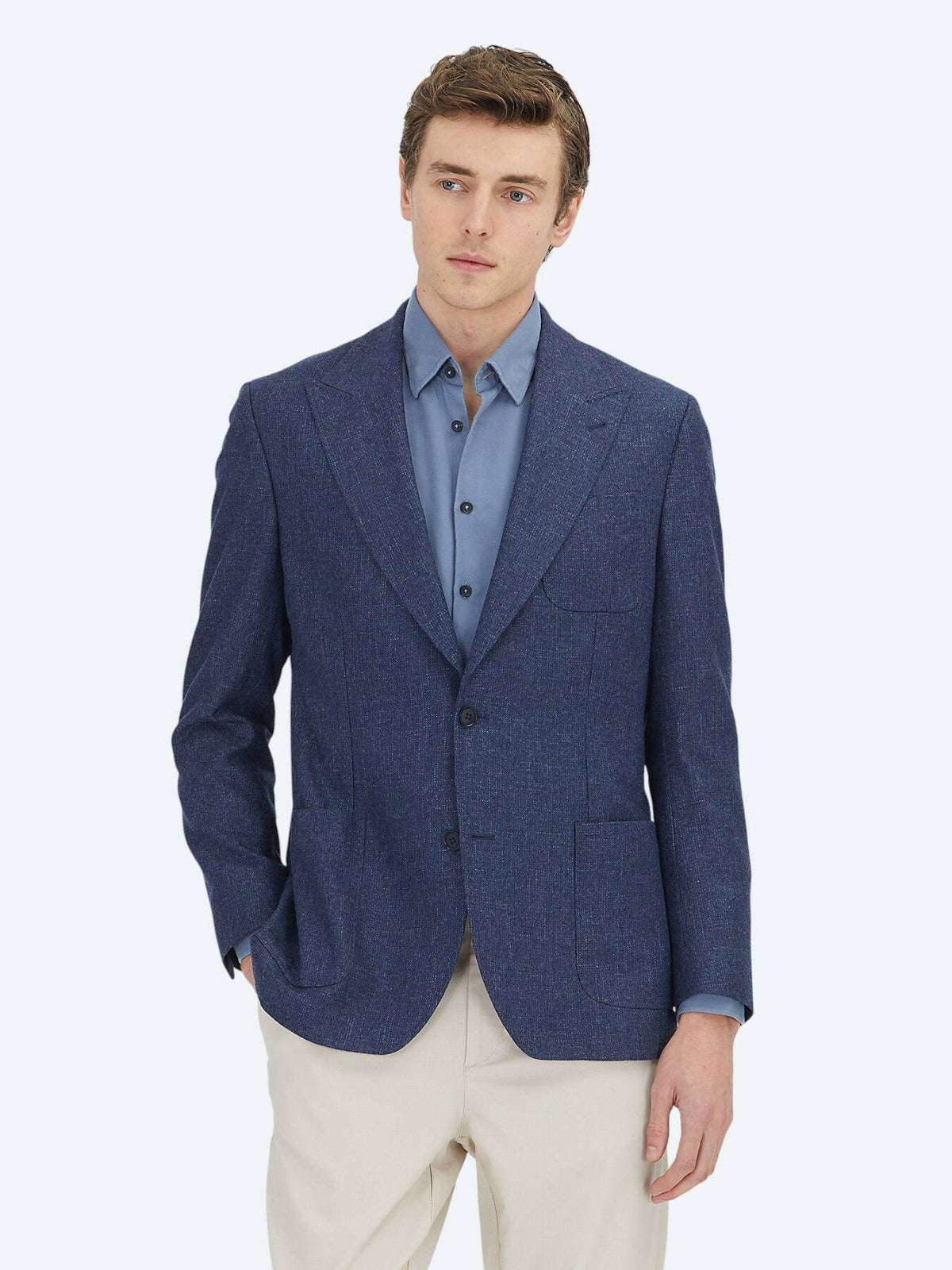Marineblaue gemusterte Wohlfühl-Wolljacke