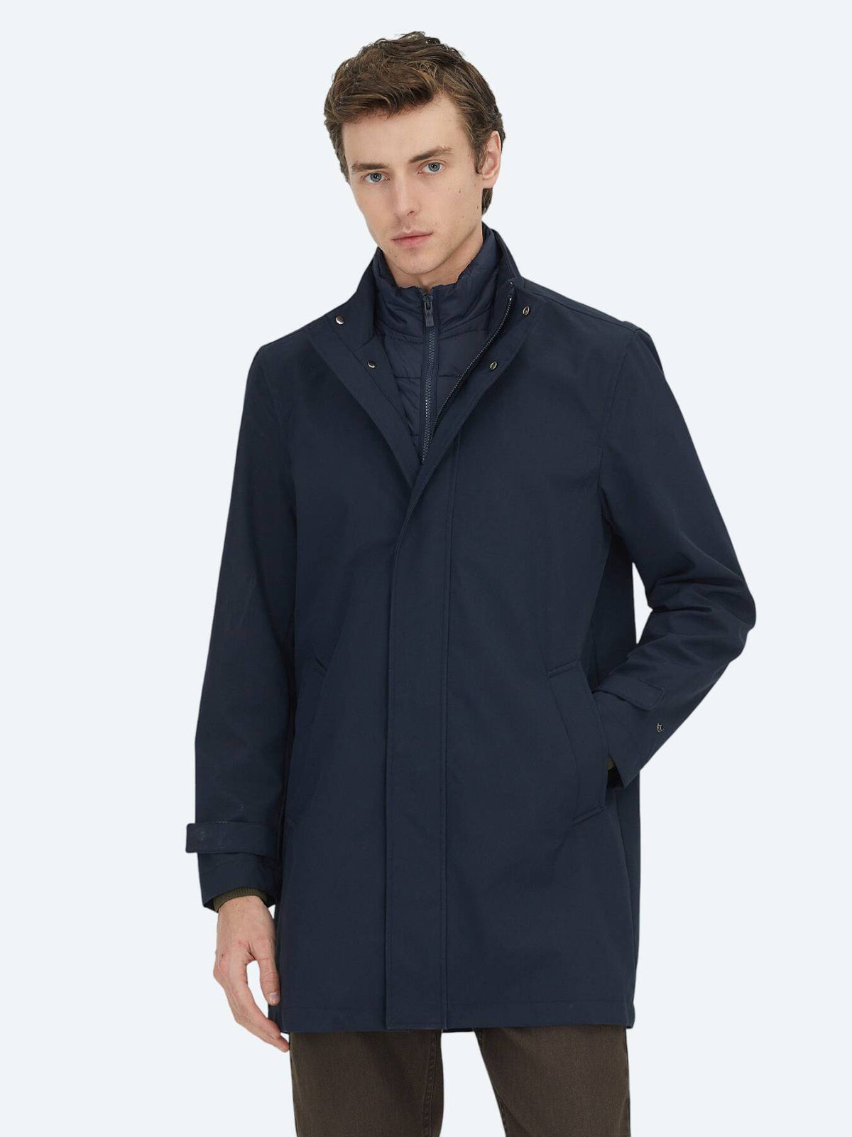Marineblauer Oversize-Doppelreiher Regenmantel