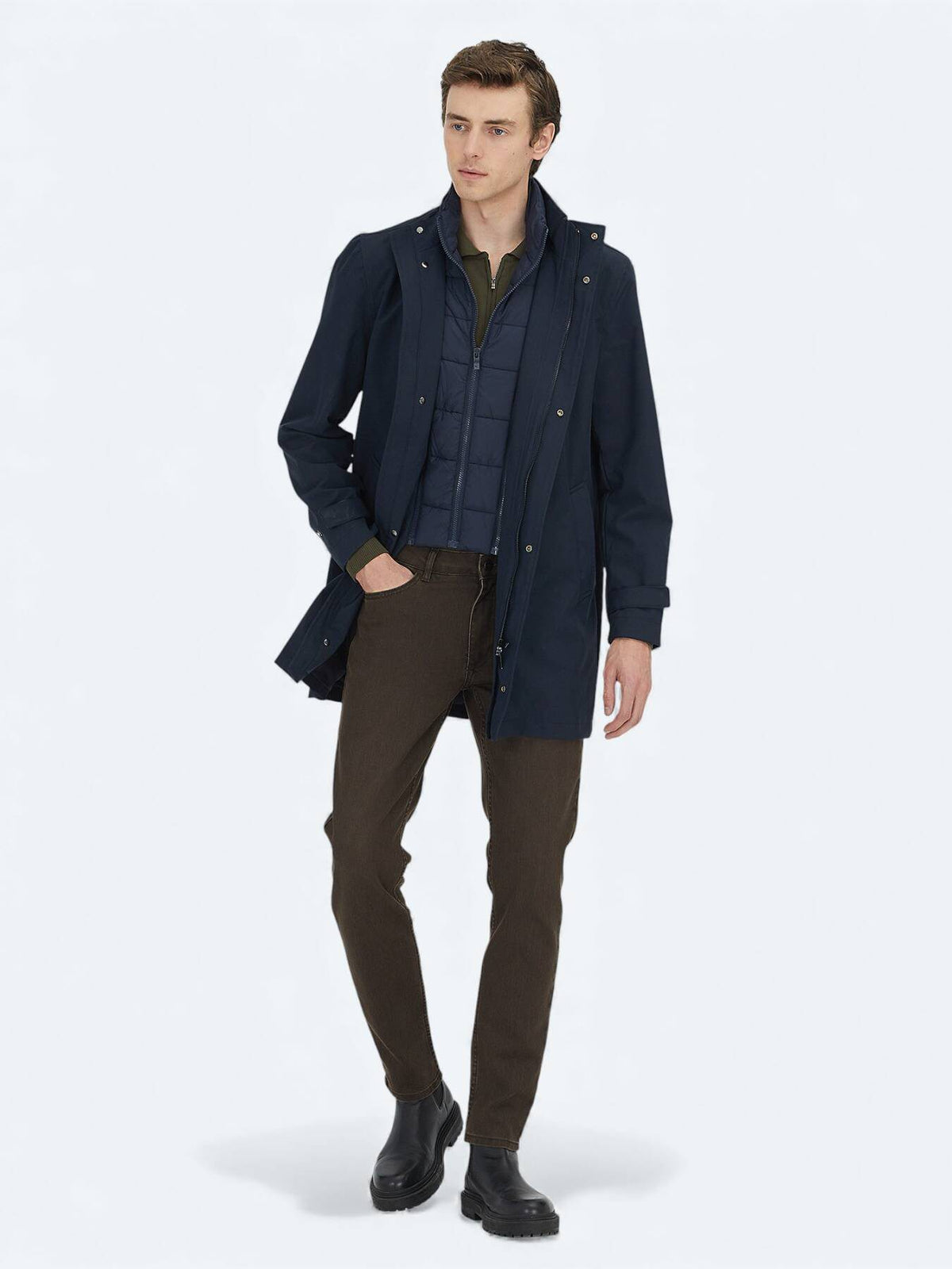 Marineblauer Oversize-Doppelreiher Regenmantel