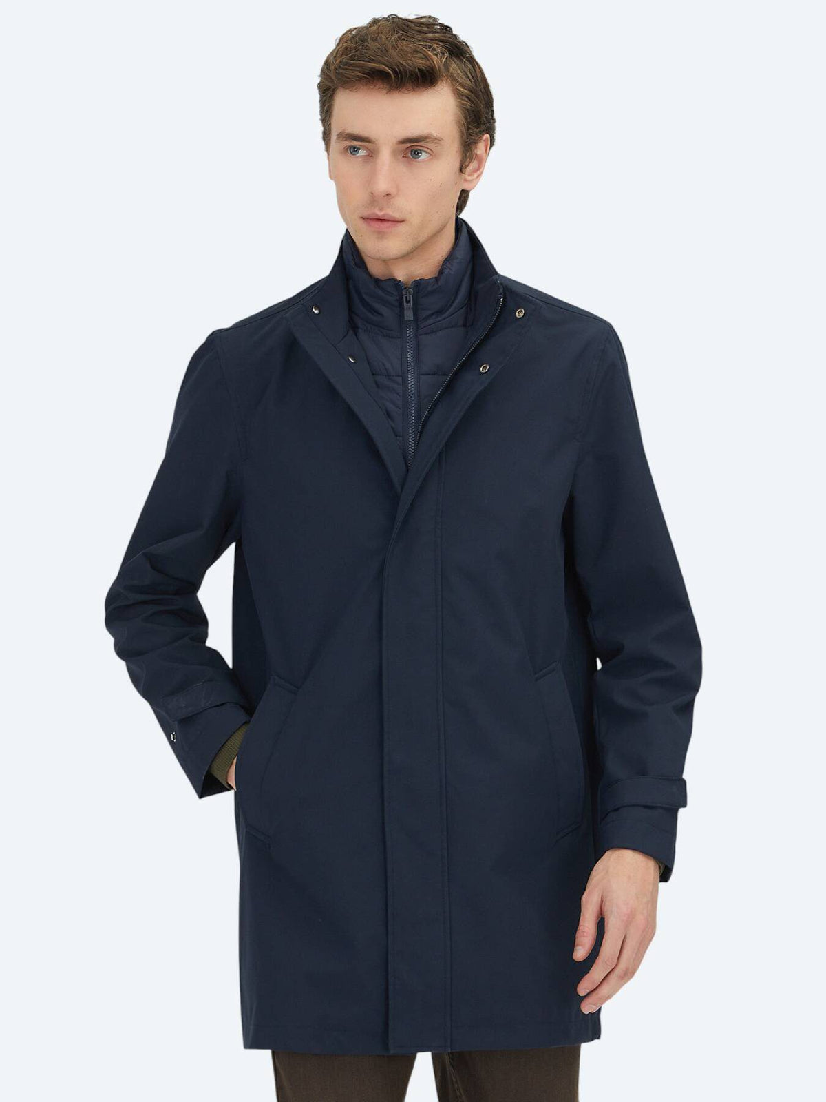 Marineblauer Oversize-Doppelreiher Regenmantel