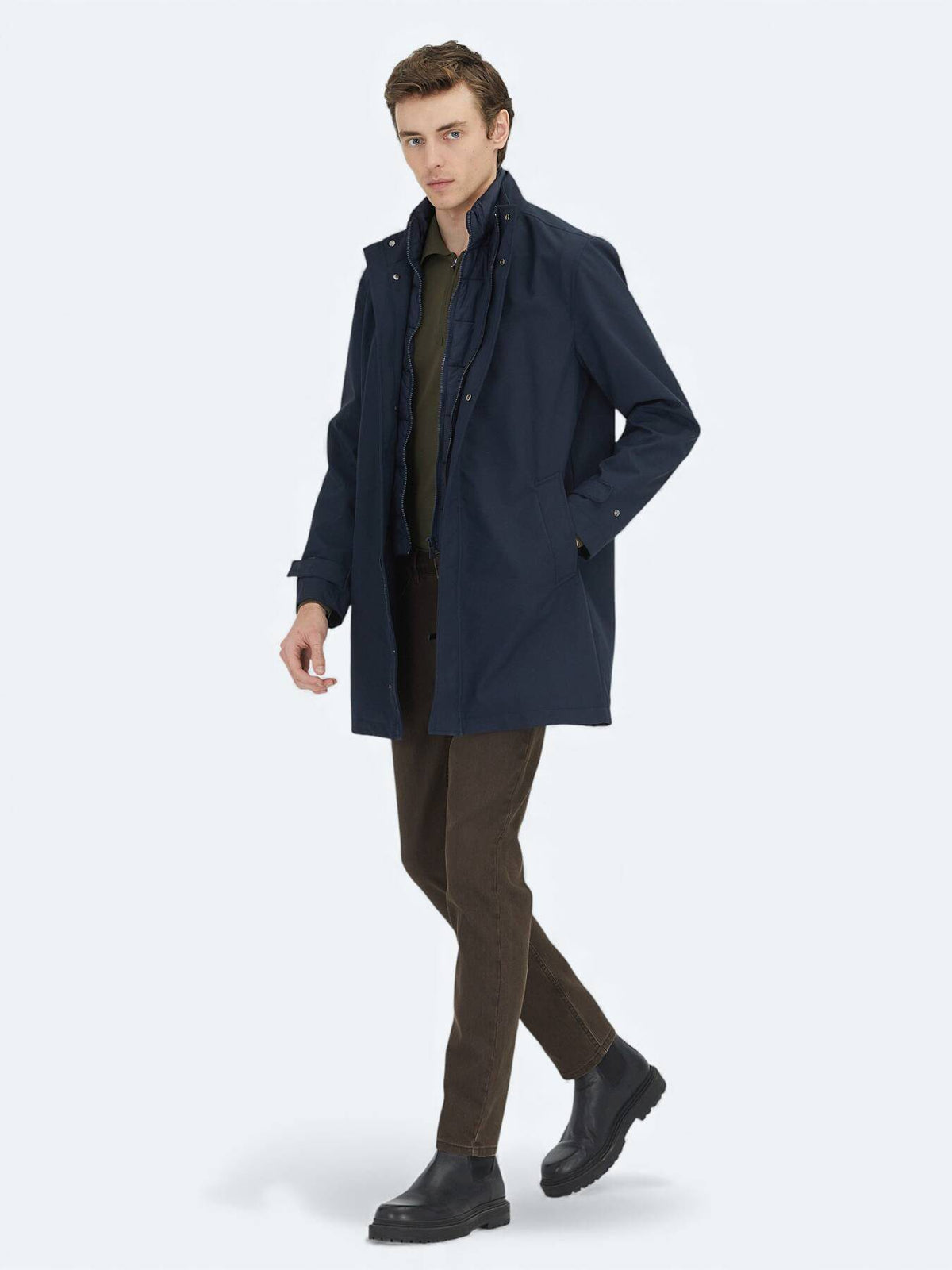 Marineblauer Oversize-Doppelreiher Regenmantel