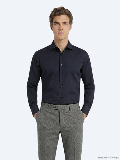 Schwarzes, schlichtes Slim-Fit-Hemd aus 100 % Baumwolle mit Webmuster.