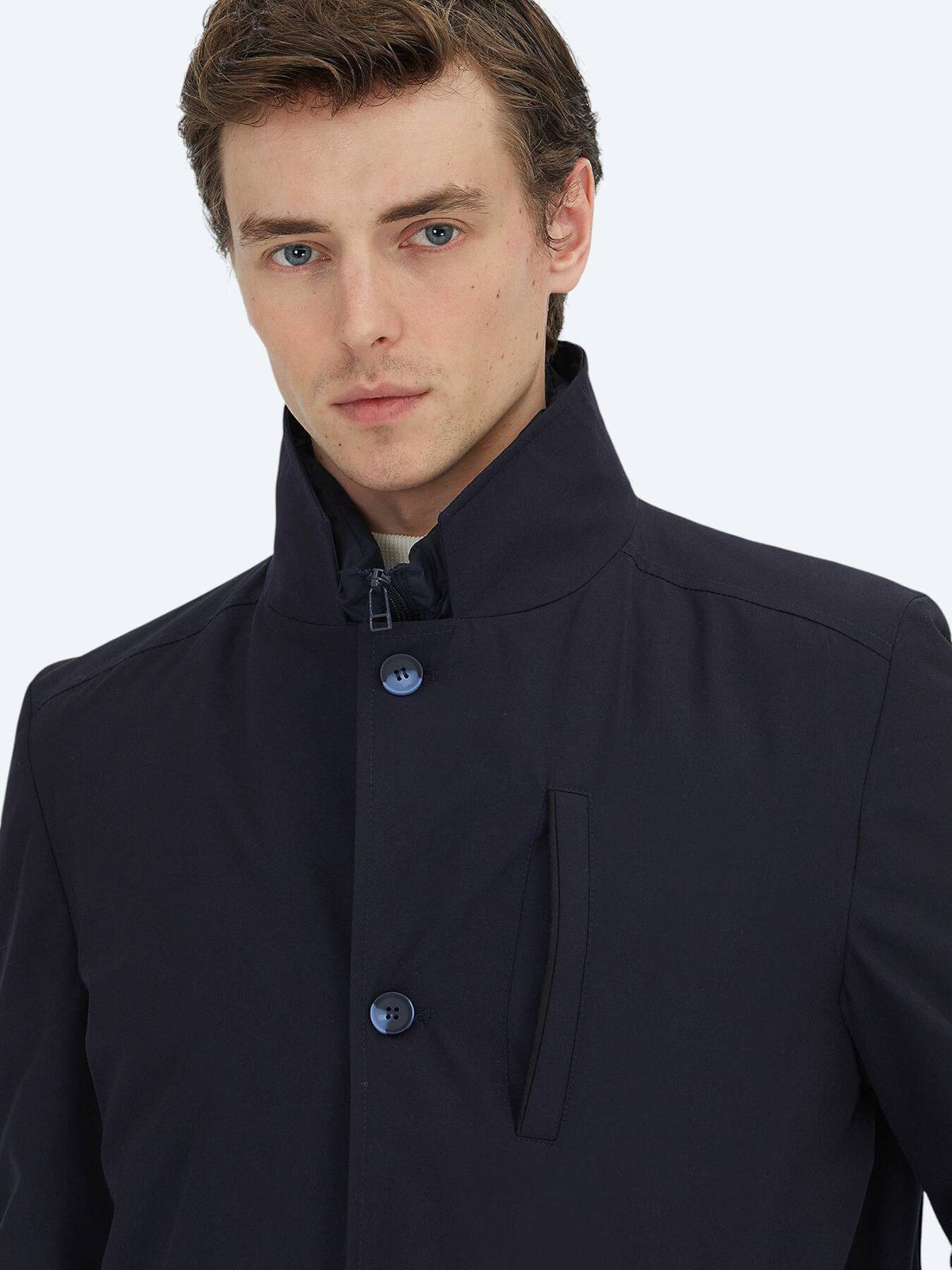 Marineblau Regular Fit Doppelreiher Casual Regenmantel