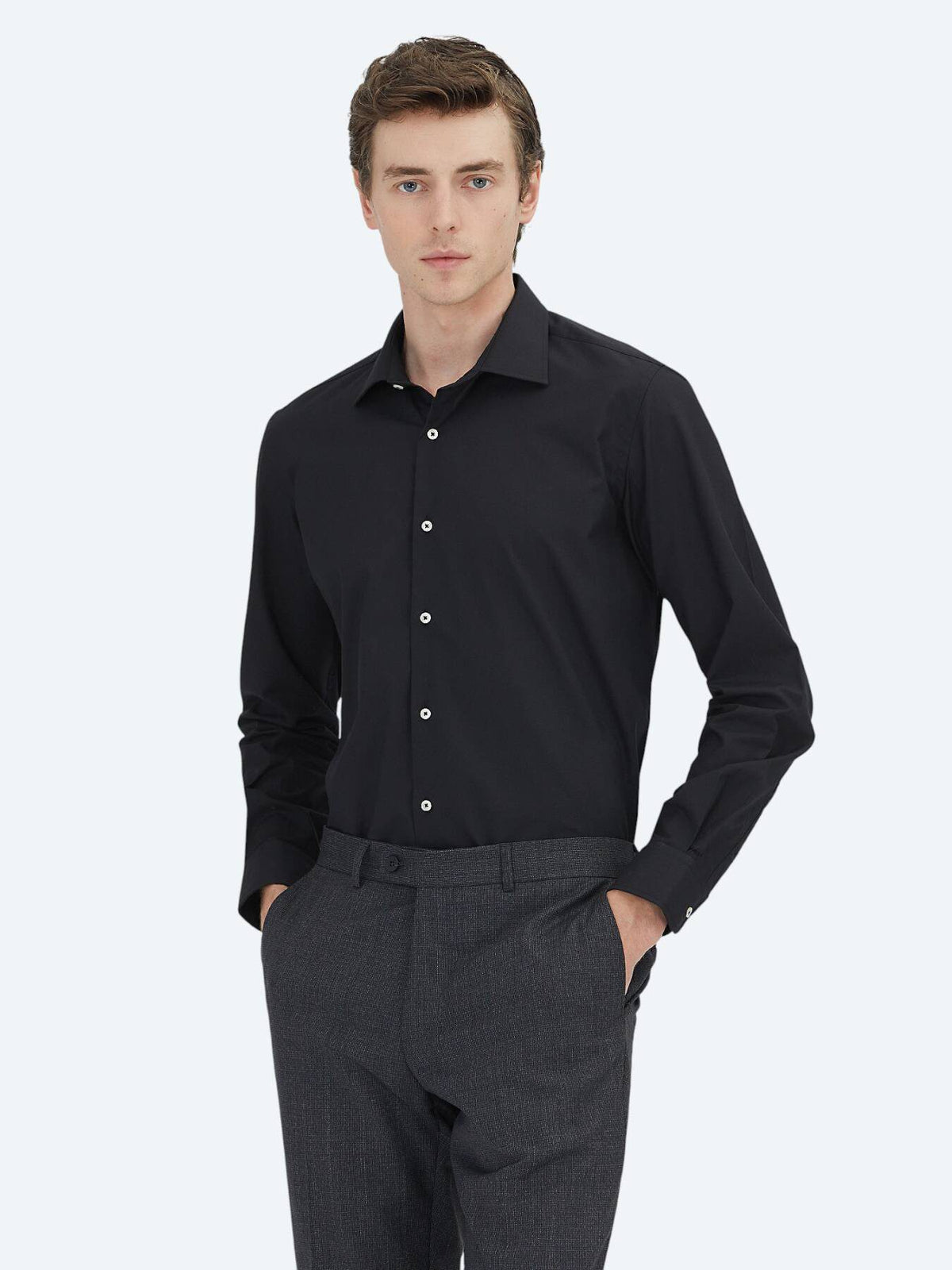 Schwarzes Regular Fit Baumwollhemd