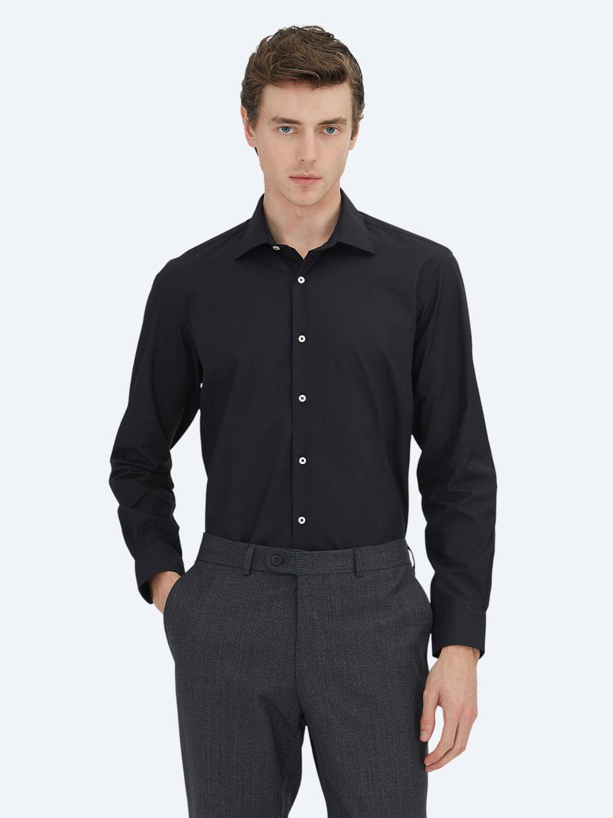 Schwarzes Regular Fit Baumwollhemd