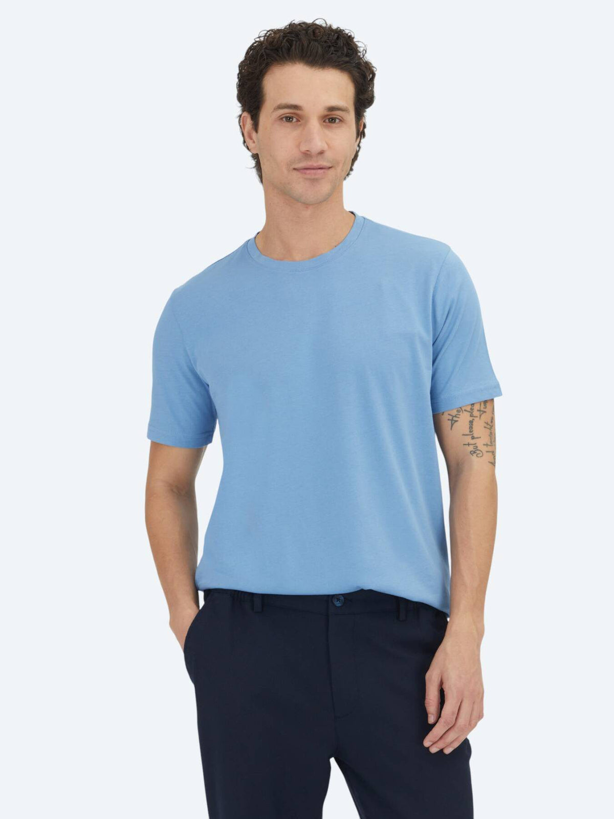 Blaues Unifarbenes Rundhals T-Shirt 100% Baumwolle