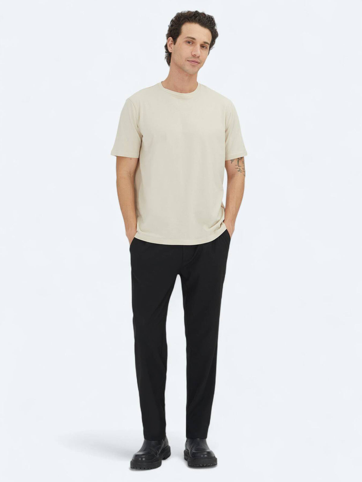 Beige Unifarben Rundhals T-Shirt 100% Baumwolle