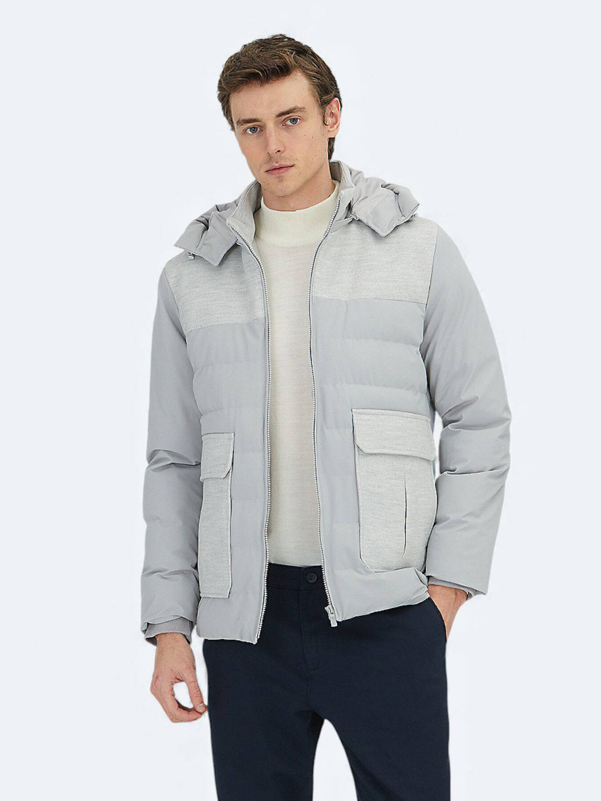 Hellgrauer Regular Fit Rollkragen Freizeitmantel