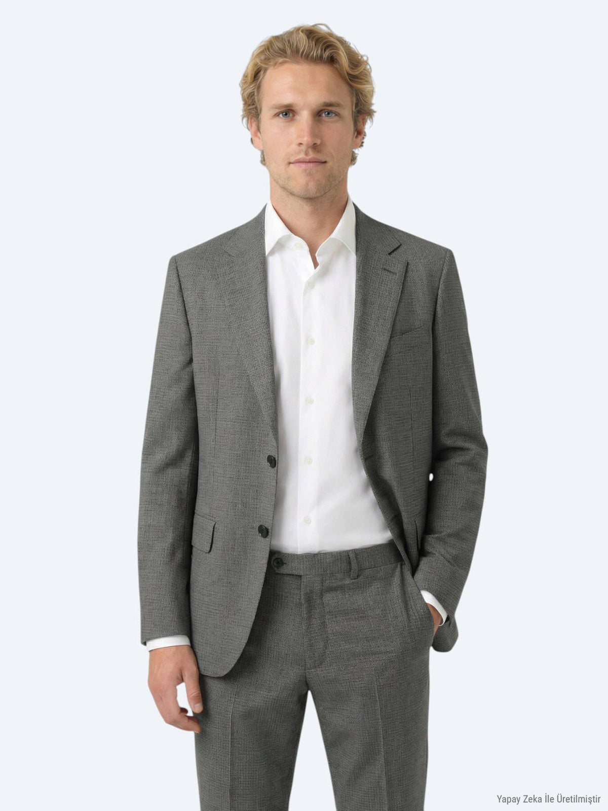 Grau Gestreifter Modern Fit Wollanzug
