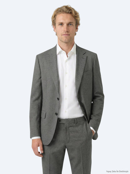 Grau Gestreifter Modern Fit Wollanzug