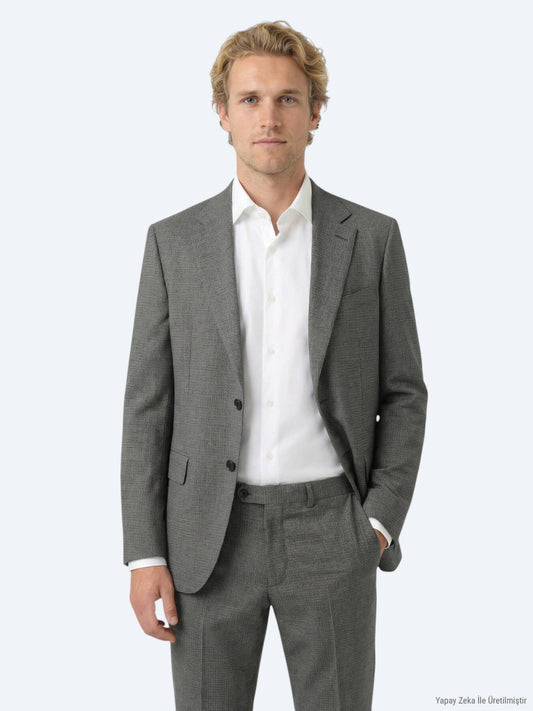 Grau Gestreifter Modern Fit Wollanzug