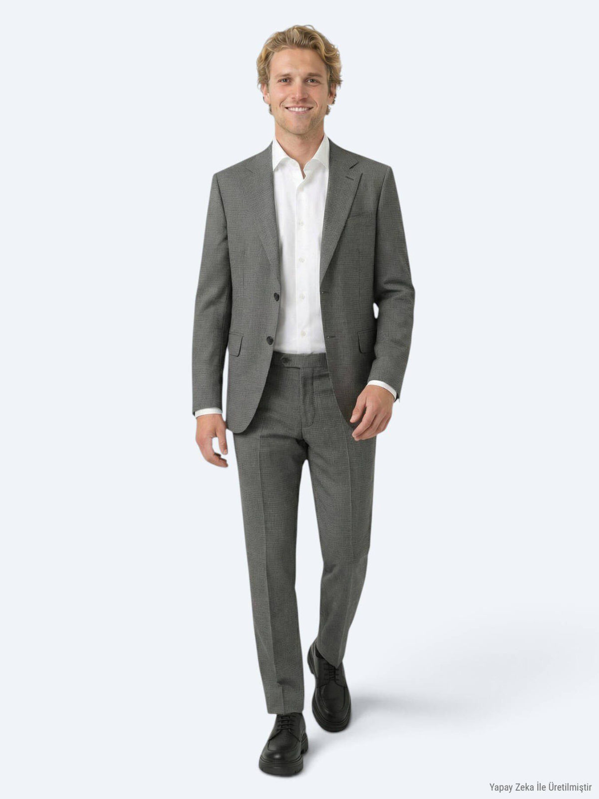 Grau Gestreifter Modern Fit Wollanzug