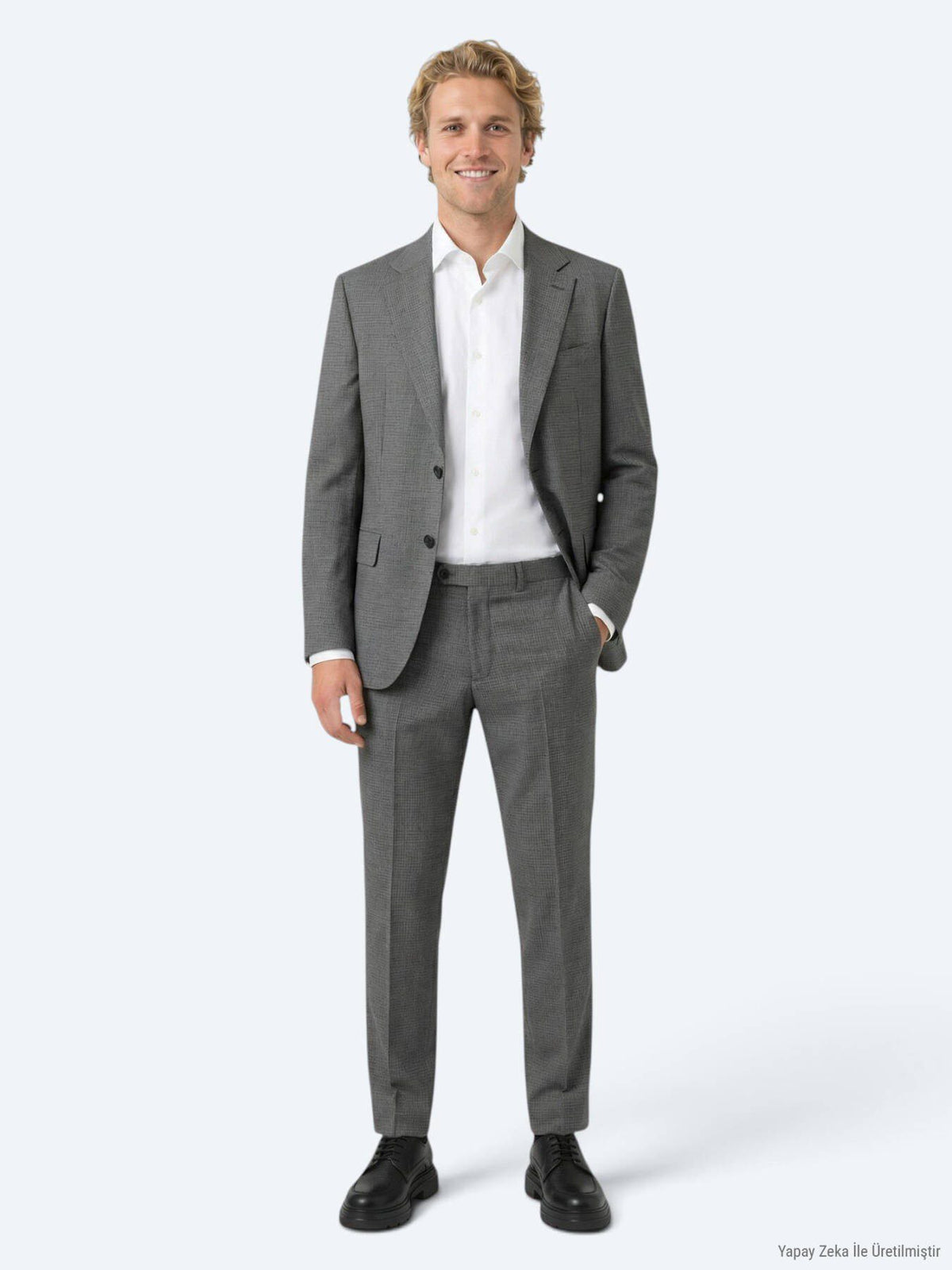 Grau Gestreifter Modern Fit Wollanzug
