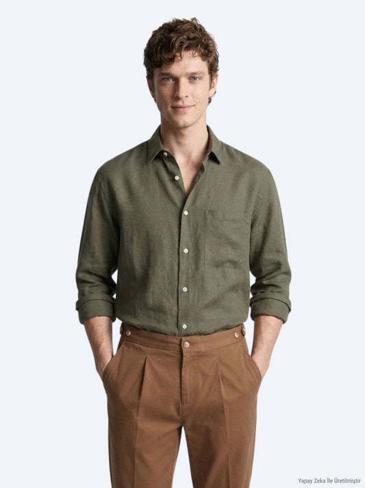 Khaki Oversize Langarm Casual Hemd