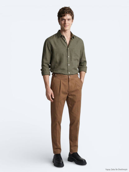 Khaki Oversize Langarm Casual Hemd