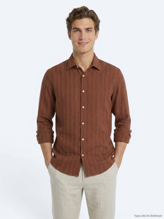 Braun Gestreiftes Regular Fit Baumwollhemd