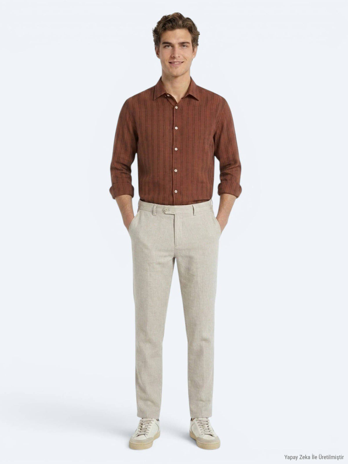 Braun Gestreiftes Regular Fit Baumwollhemd