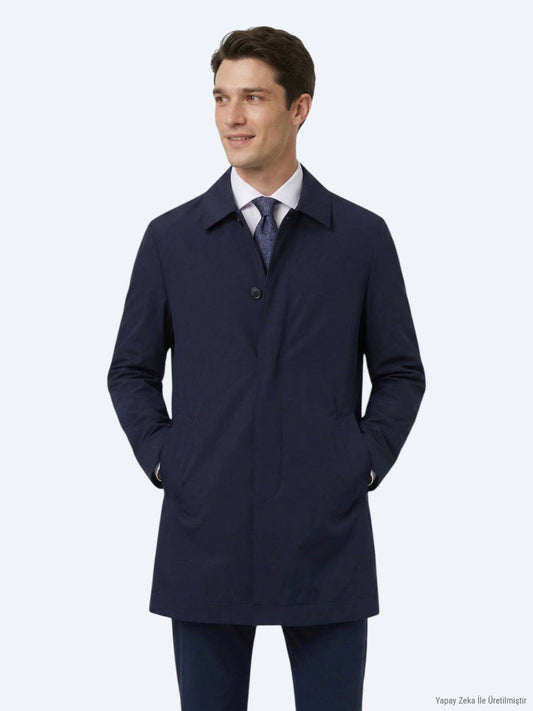 Marineblaues Regular Fit Hemdkragen Regenmantel