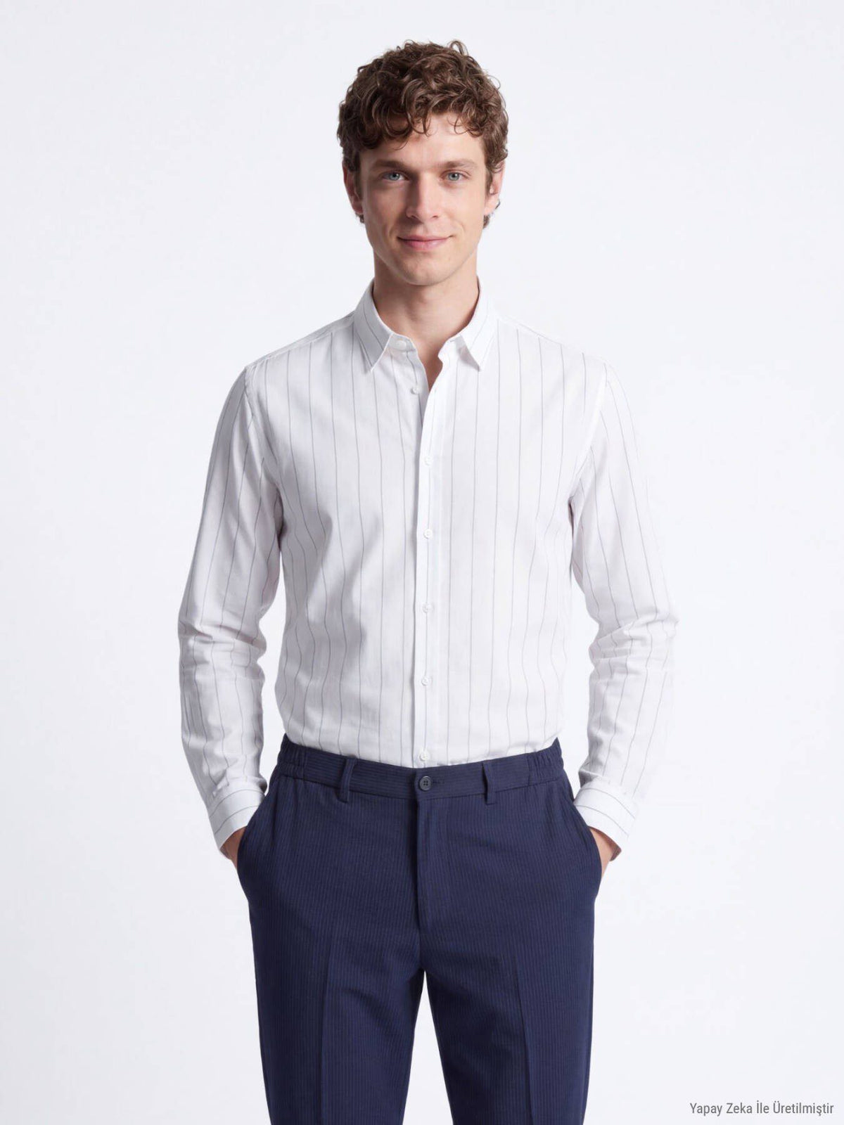 Weiß Gestreiftes Regular Fit Baumwollhemd