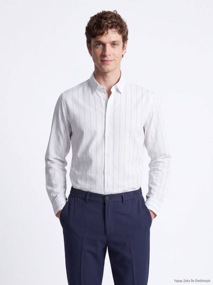 Weiß Gestreiftes Regular Fit Baumwollhemd
