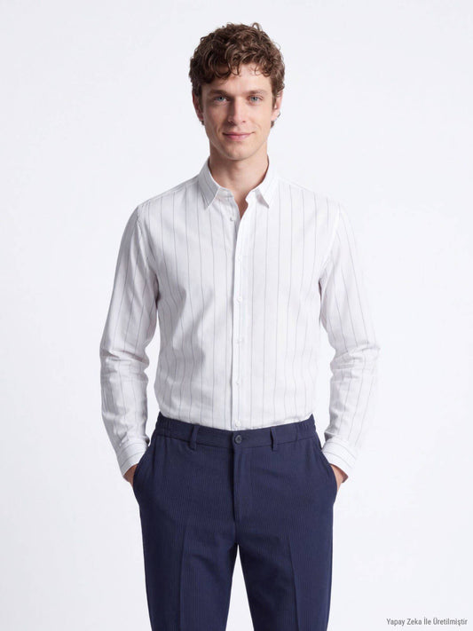 Weiß Gestreiftes Regular Fit Baumwollhemd