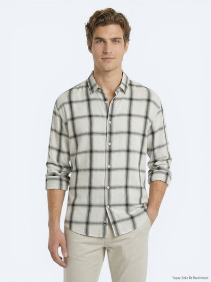 Beige Karomuster Oversize Weichhemd