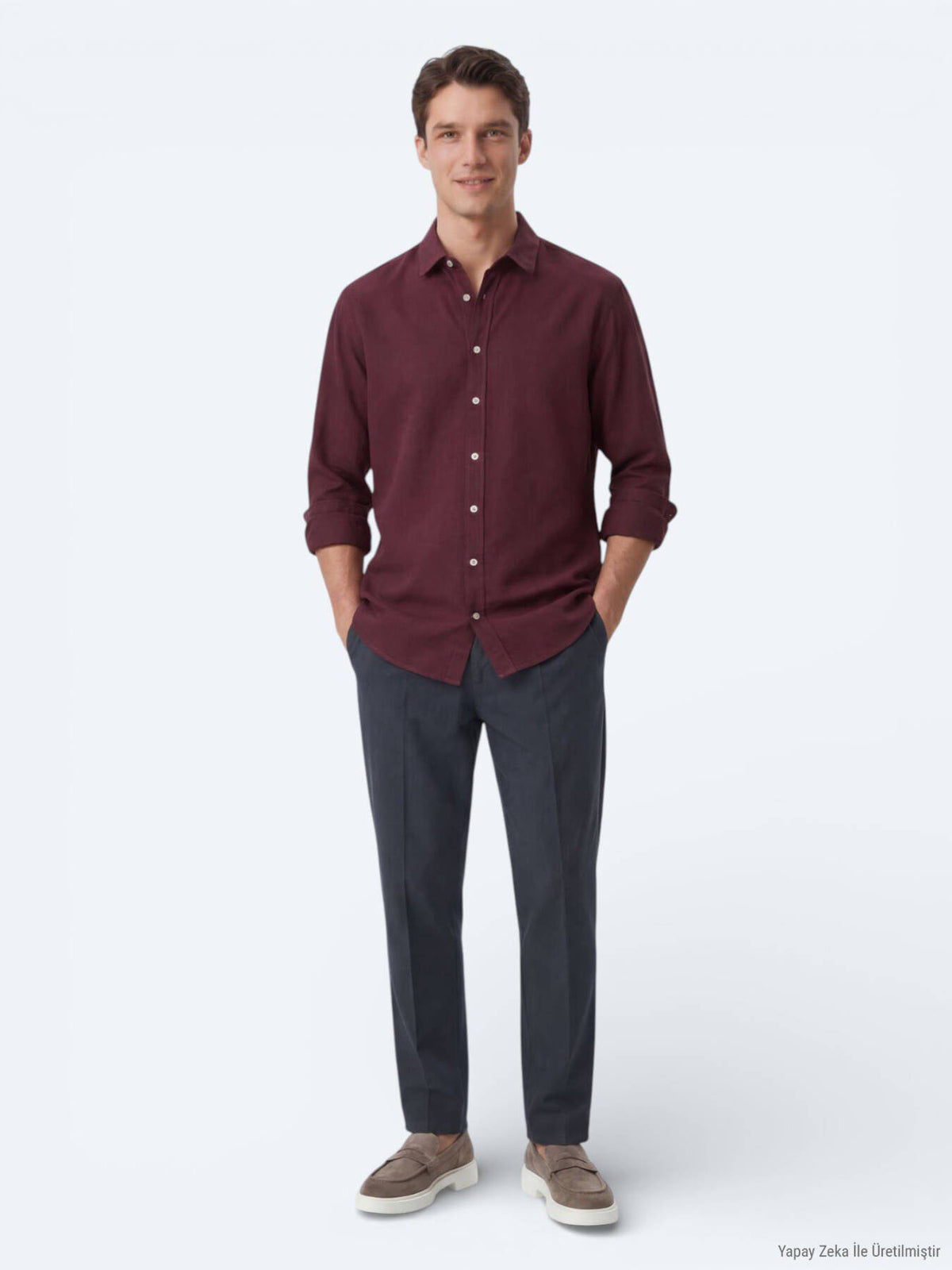 Bordeaux Unifarben Regular Fit Baumwollhemd