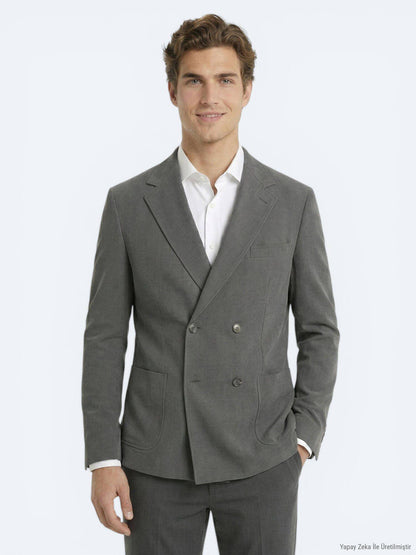Khaki Gestreifter Modern Fit Anzug