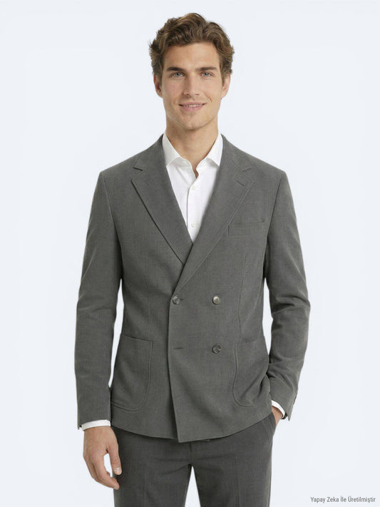 Khaki Gestreifter Modern Fit Anzug