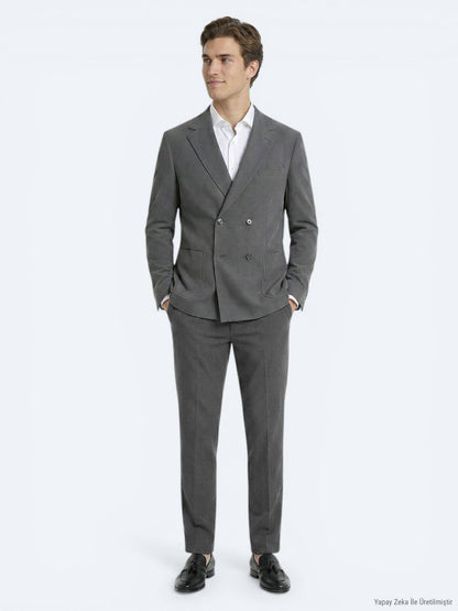 Khaki Gestreifter Modern Fit Anzug