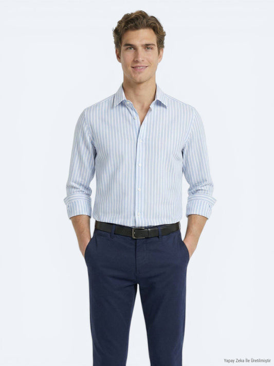 Hellblau Gestreiftes Freizeitshirt Regular Fit