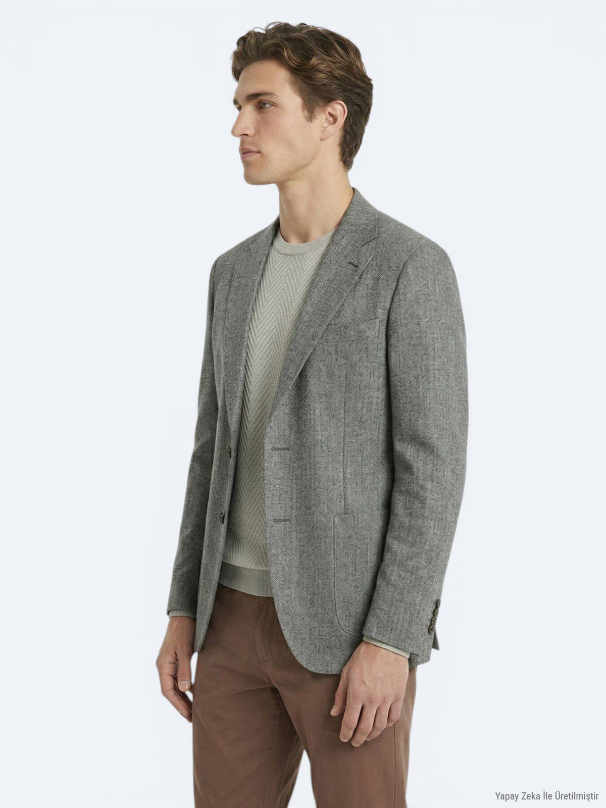 Khaki Gemusterte Moderne Passform Leinenjacke