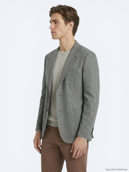 Khaki Gemusterte Moderne Passform Leinenjacke