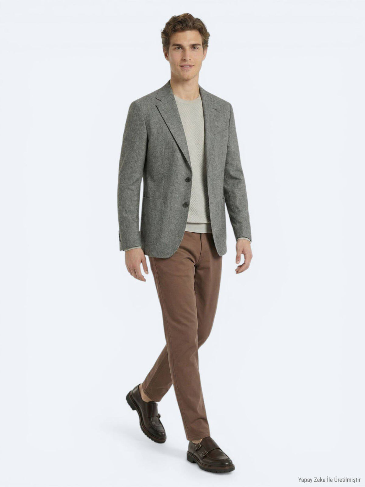 Khaki Gemusterte Moderne Passform Leinenjacke
