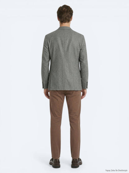 Khaki Gemusterte Moderne Passform Leinenjacke