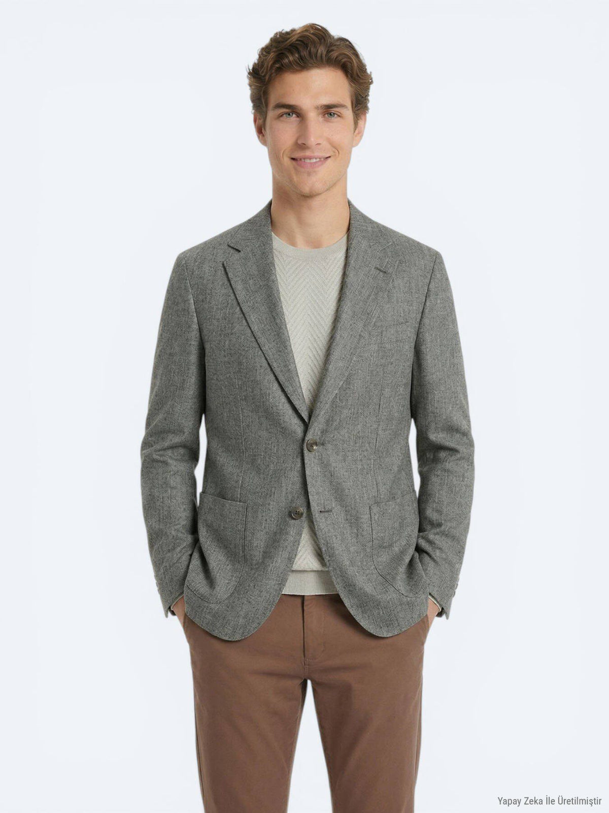 Khaki Gemusterte Moderne Passform Leinenjacke