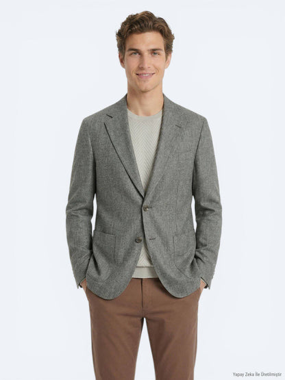 Khaki Gemusterte Moderne Passform Leinenjacke