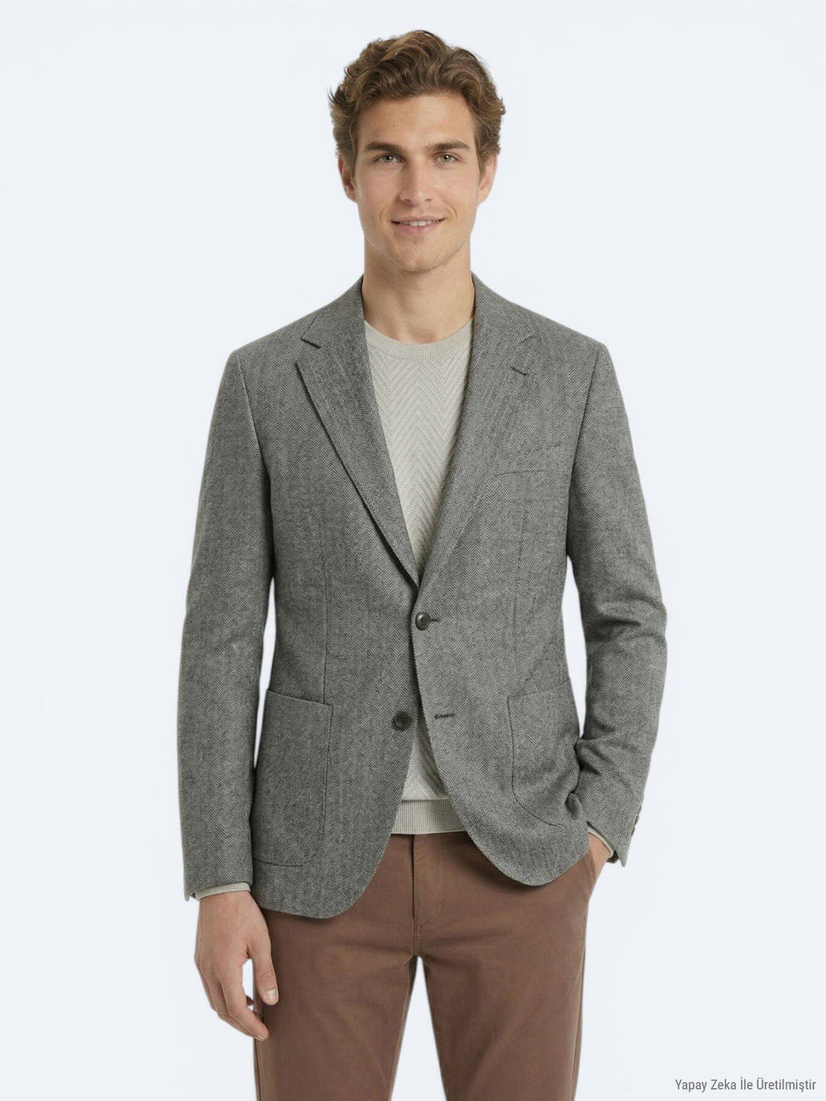 Khaki Gemusterte Moderne Passform Leinenjacke