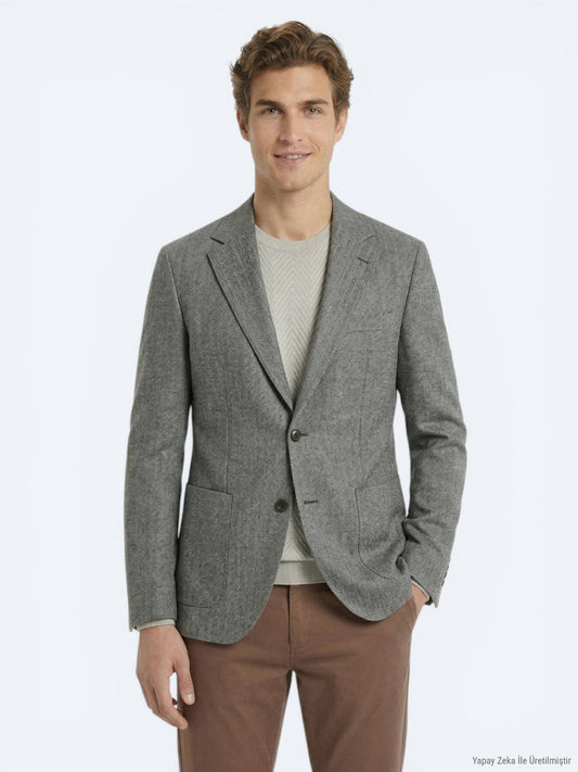 Khaki Gemusterte Moderne Passform Leinenjacke