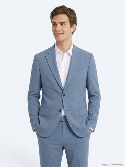 Blau Gestreifter Modern Fit Anzug