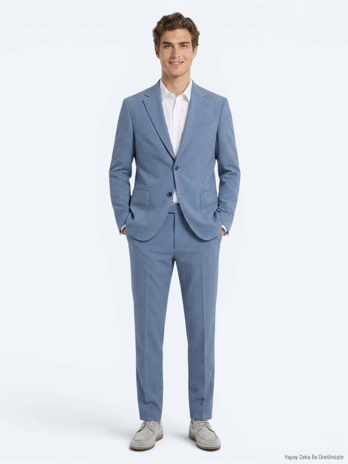 Blau Gestreifter Modern Fit Anzug