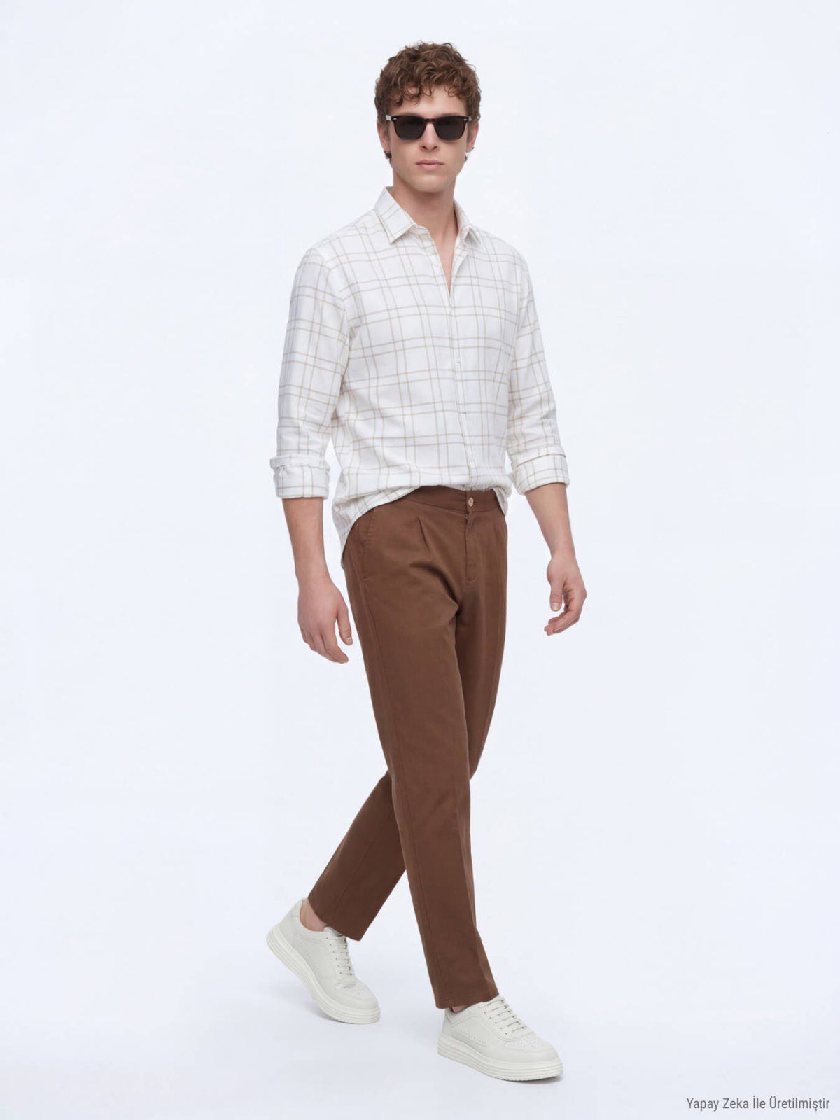 Beige Karierte Regular Fit Freizeitbluse