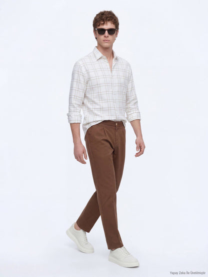Beige Karierte Regular Fit Freizeitbluse