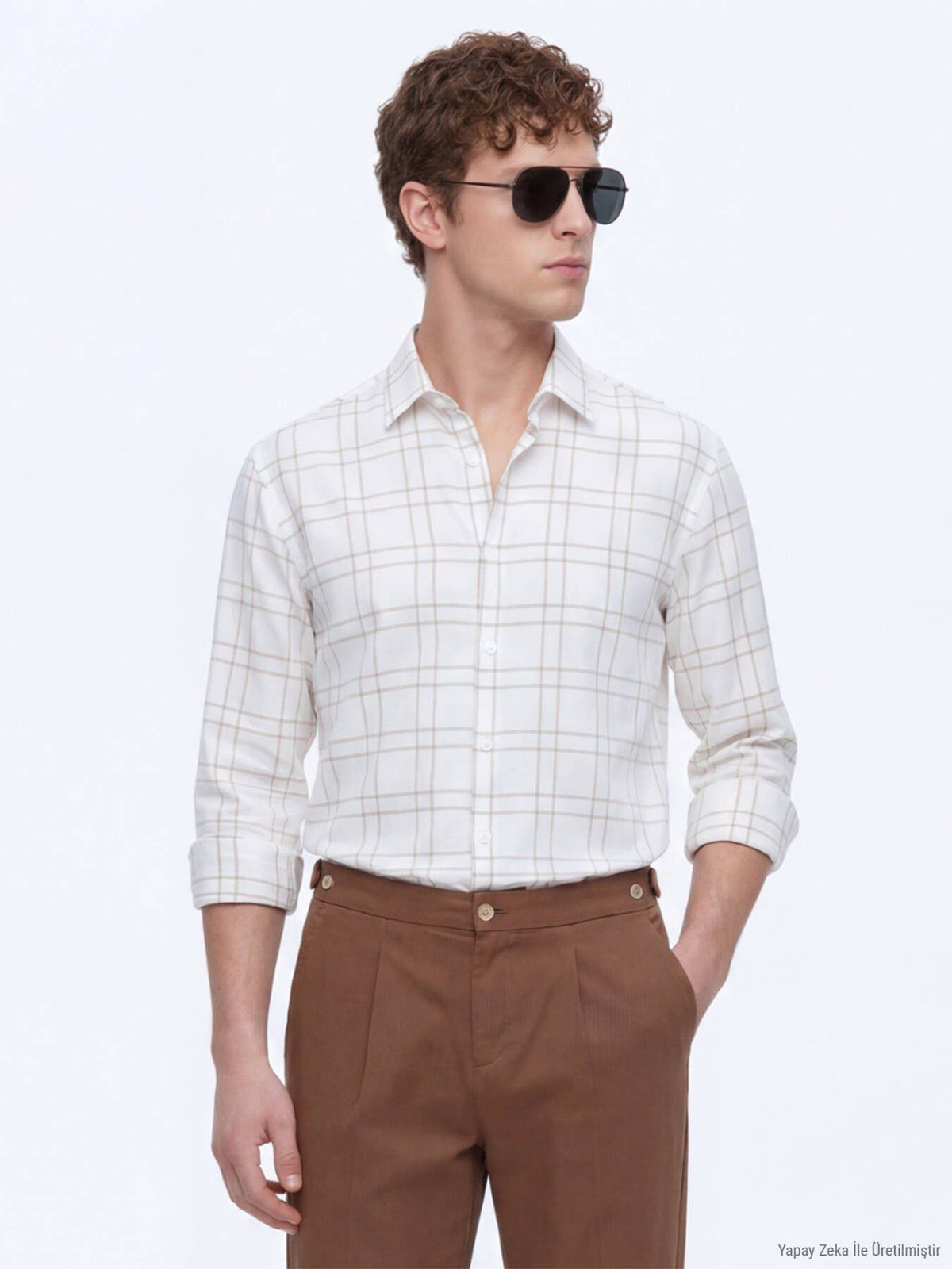 Beige Karierte Regular Fit Freizeitbluse