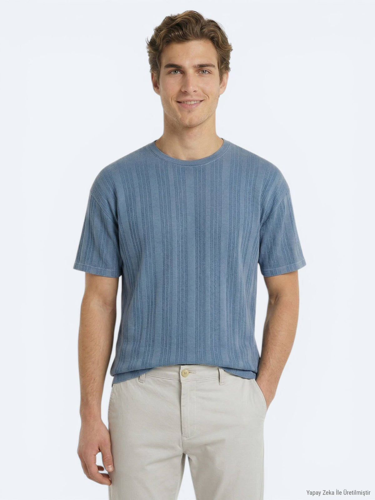 Blau Gestreiftes 100% Baumwoll T-Shirt