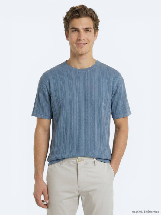 Blau Gestreiftes 100% Baumwoll T-Shirt