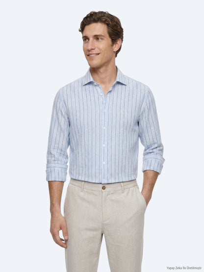 Hellblau Gestreiftes Regular Fit Langarmshirt