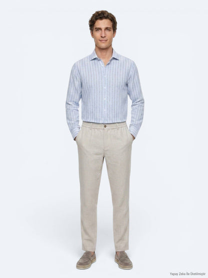 Hellblau Gestreiftes Regular Fit Langarmshirt