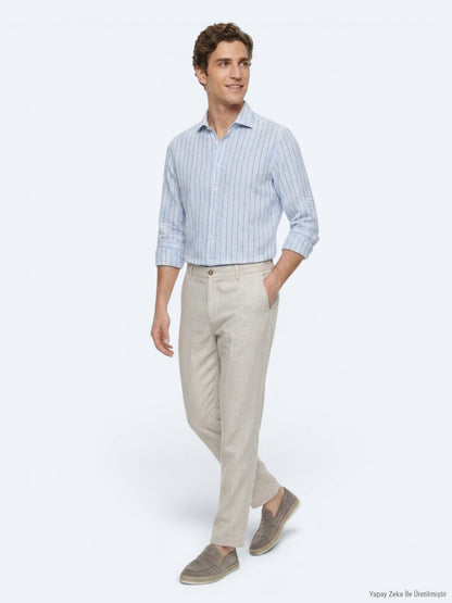 Hellblau Gestreiftes Regular Fit Langarmshirt